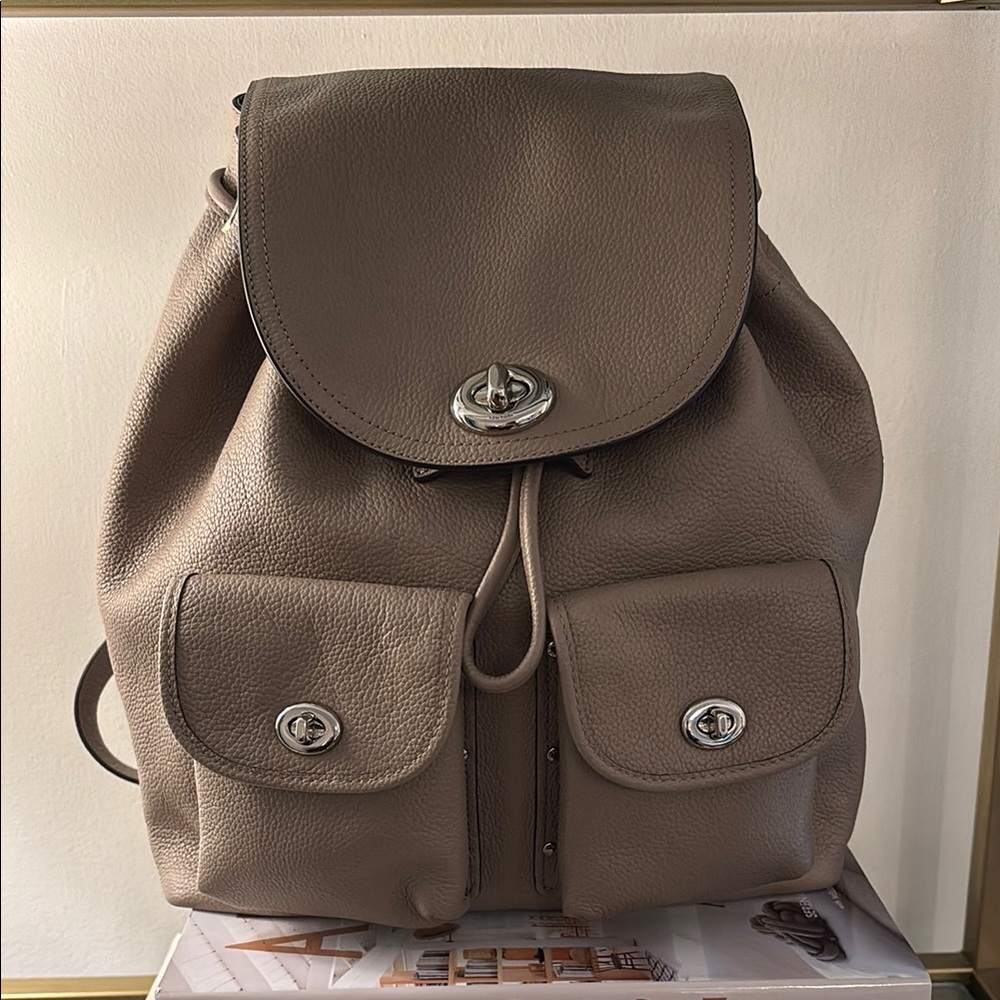 COACH Large Taupe Pebbled Leather Billie Backpack.